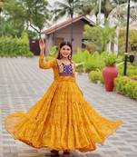 Navratri wear yellow color georgette bandhni printed thread embroidered mirror -codi lace work gown full stitched