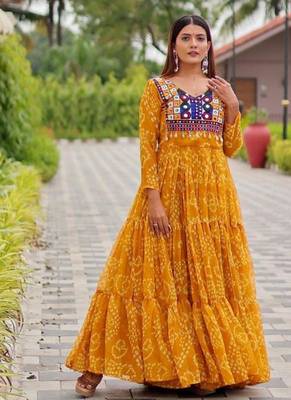 Navratri wear yellow georgette bandhni printed thread embroidered mirror -codi lace work gown 2
