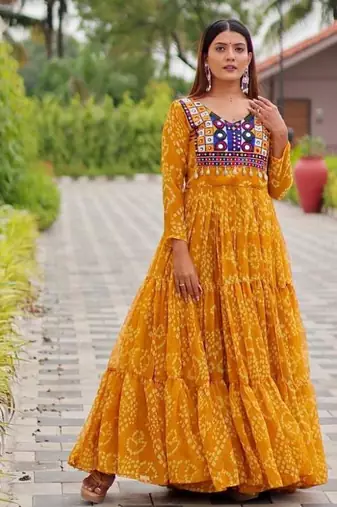 Navratri wear yellow georgette bandhni printed thread embroidered mirror -codi lace work gown