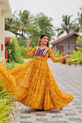 Navratri wear yellow georgette bandhni printed thread embroidered mirror -codi lace work gown 3