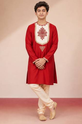red work viscose silk zari embroidery bengali style boys kurta pajama