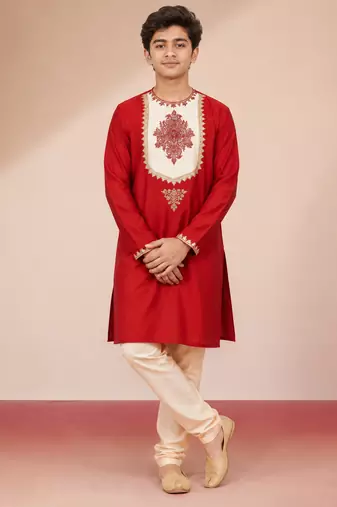 red work viscose silk zari embroidery bengali style boys kurta pajama