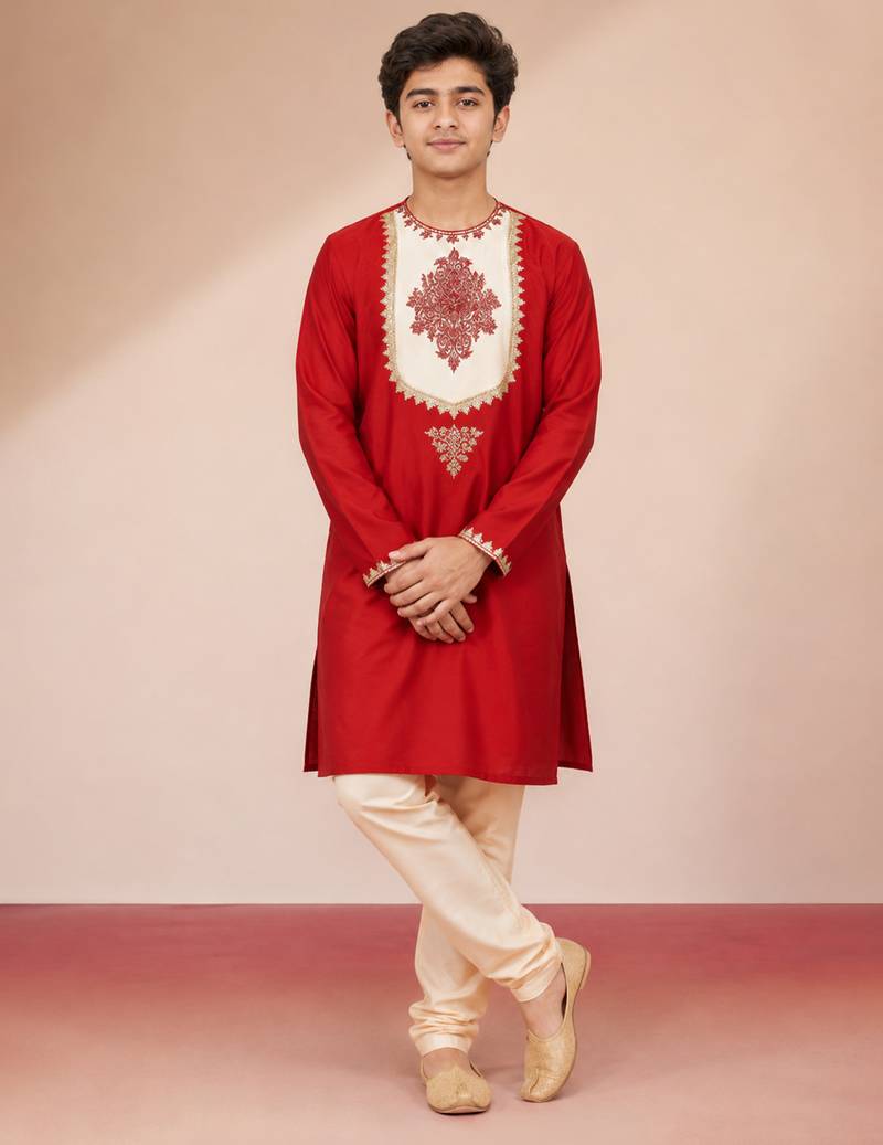 red work viscose silk zari embroidery bengali style boys kurta pajama