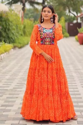 Navratri wear orange georgette bandhni printed thread embroidered mirror work gown