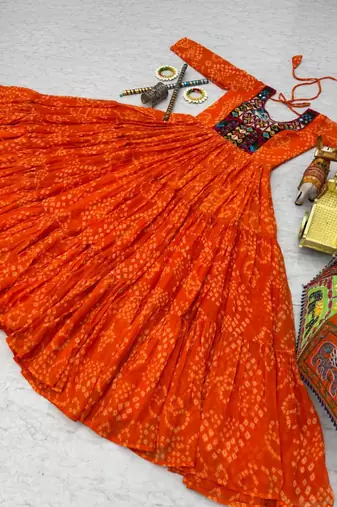 Navratri wear orange georgette bandhni printed thread embroidered mirror work gown