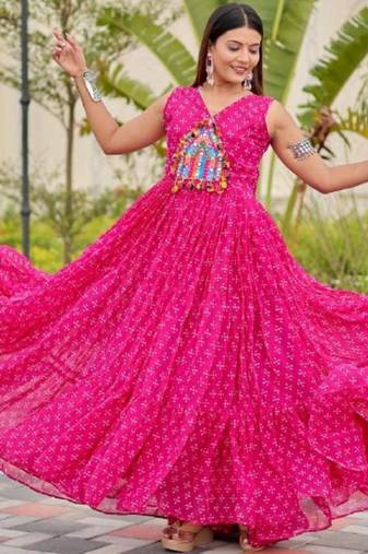 Navratri wear pink georgette bandhni printed thread embroidered mirror work gown