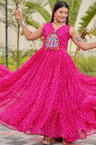 Navratri wear pink georgette bandhni printed thread embroidered mirror work gown