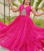 Navratri wear pink color georgette bandhni printed thread embroidered mirror work gown full stitched