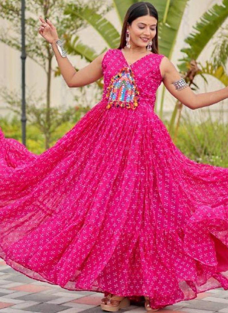 Navratri wear pink color georgette bandhni printed thread embroidered mirror work gown full stitched