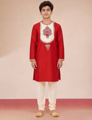 red work viscose silk zari embroidery bengali style boys kurta pajama 3