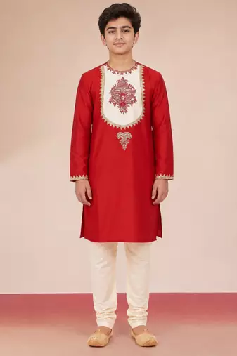 red work viscose silk zari embroidery bengali style boys kurta pajama