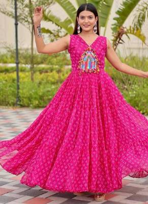 Navratri wear pink georgette bandhni printed thread embroidered mirror work gown 2