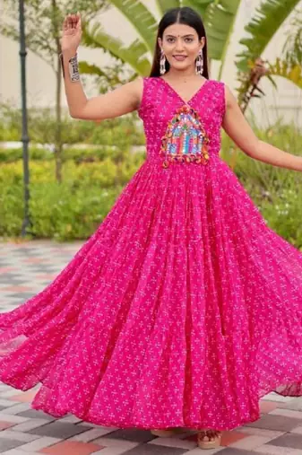 Navratri wear pink georgette bandhni printed thread embroidered mirror work gown