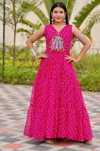 Navratri wear pink georgette bandhni printed thread embroidered mirror work gown