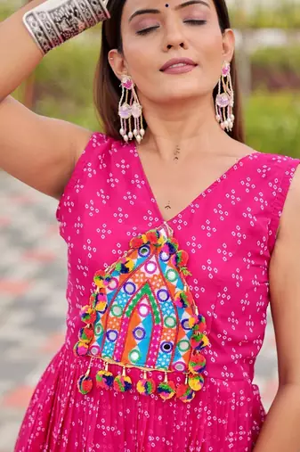 Navratri wear pink georgette bandhni printed thread embroidered mirror work gown
