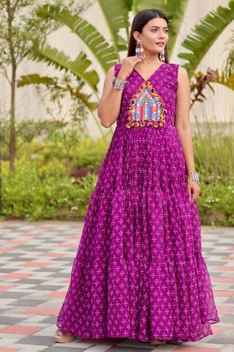 Navratri wear purple color georgette bandhni printed thread embroidered mirror work gown full stitched