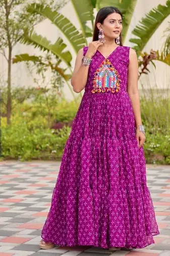 Navratri wear purple georgette bandhni printed thread embroidered mirror work gown