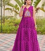 Navratri wear purple color georgette bandhni printed thread embroidered mirror work gown full stitched