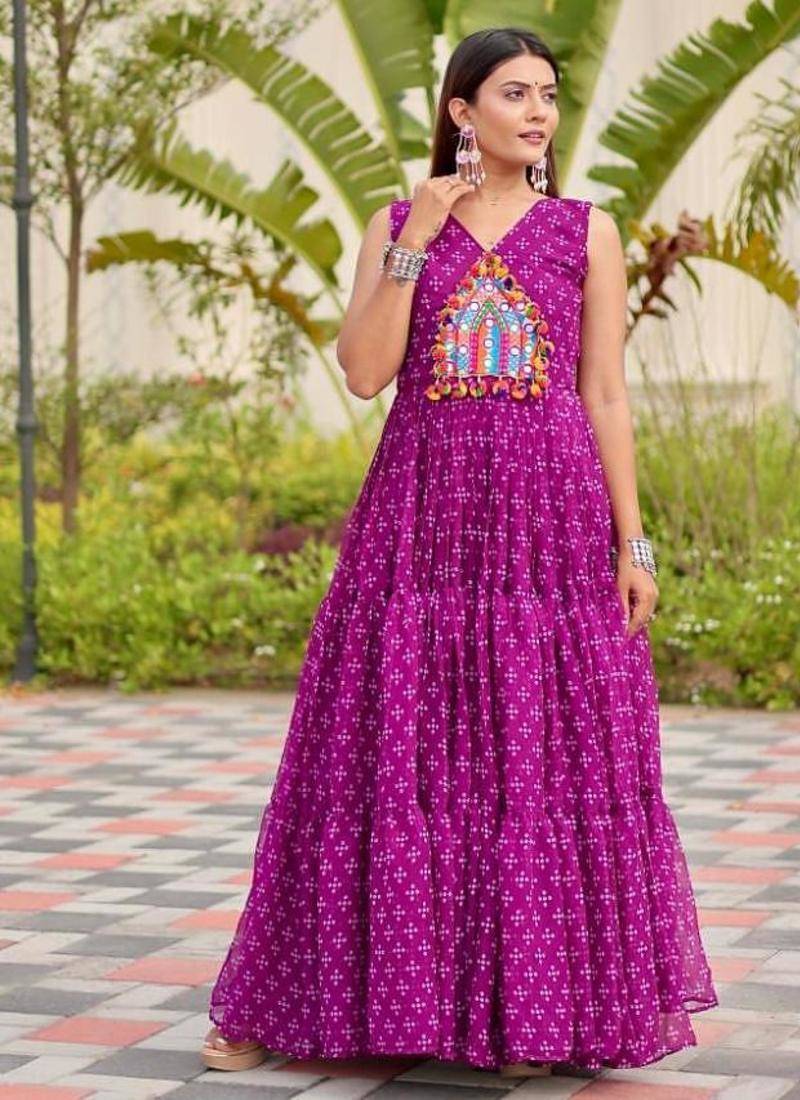 Navratri wear purple color georgette bandhni printed thread embroidered mirror work gown full stitched