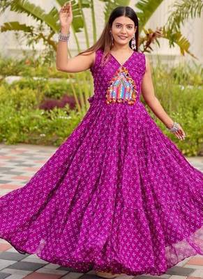 Navratri wear purple georgette bandhni printed thread embroidered mirror work gown 2