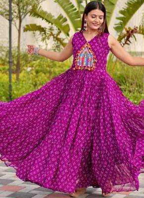 Navratri wear purple georgette bandhni printed thread embroidered mirror work gown 3