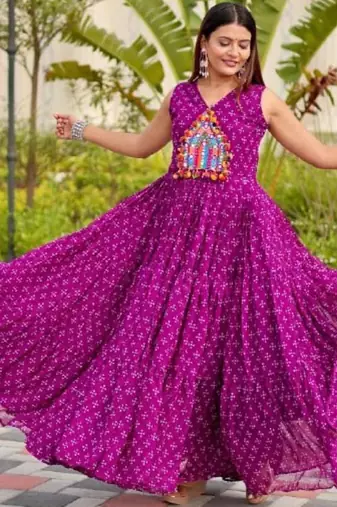 Navratri wear purple georgette bandhni printed thread embroidered mirror work gown