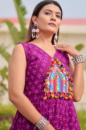 Navratri wear purple georgette bandhni printed thread embroidered mirror work gown