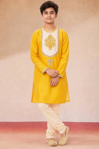 Boys yellow viscose silk zari embroidery bengali style kurta pyjama set
