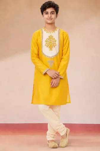 Boys yellow viscose silk zari embroidery bengali style kurta pyjama set