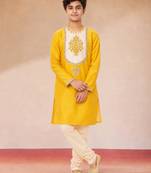 Boys yellow viscose silk zari embroidery bengali style kurta pyjama set