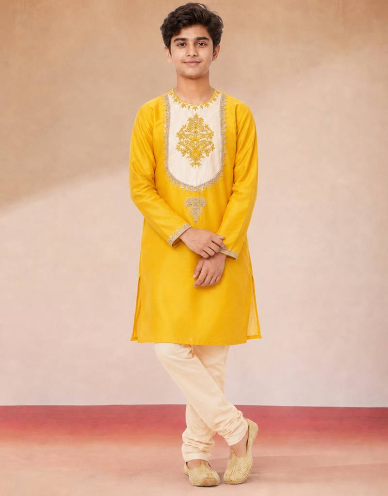 Boys yellow viscose silk zari embroidery bengali style kurta pyjama set