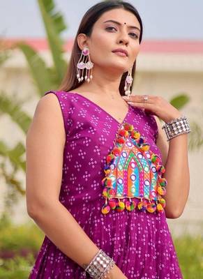 Navratri wear purple georgette bandhni printed thread embroidered mirror work gown 5