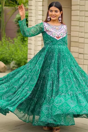 Navratri wear green georgette bandhni printed thread embroidered mirror work gown