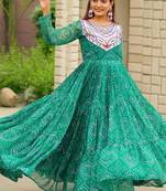 Navratri wear green color georgette bandhni printed thread embroidered mirror work gown full stitched
