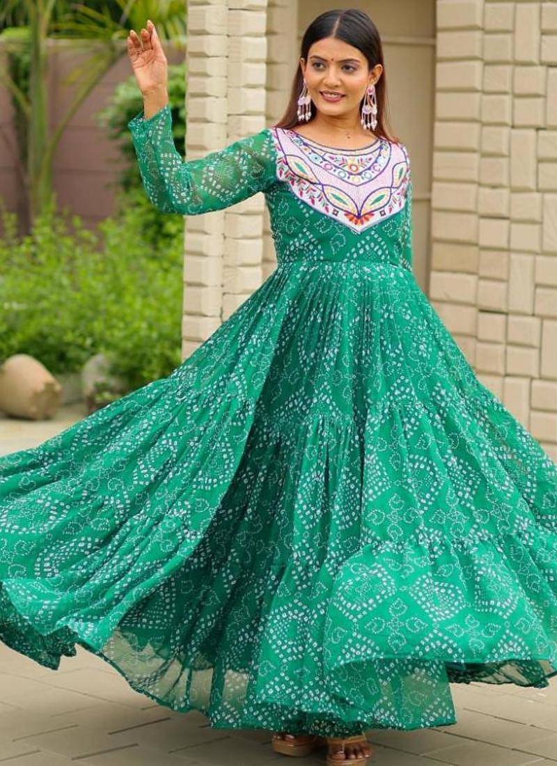 Navratri wear green color georgette bandhni printed thread embroidered mirror work gown full stitched