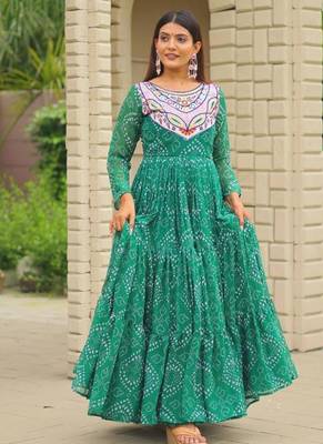 Navratri wear green georgette bandhni printed thread embroidered mirror work gown 2