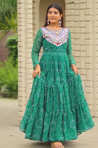 Navratri wear green georgette bandhni printed thread embroidered mirror work gown
