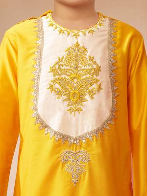 Boys yellow viscose silk zari embroidery bengali style kurta pyjama set 2