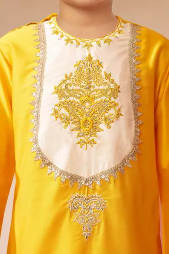 Boys yellow viscose silk zari embroidery bengali style kurta pyjama set
