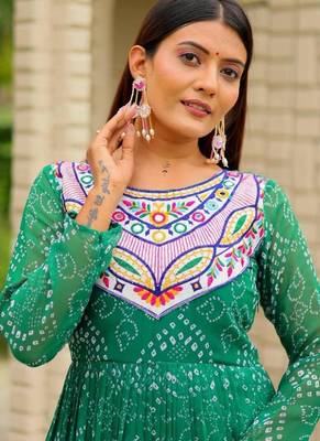 Navratri wear green georgette bandhni printed thread embroidered mirror work gown 3