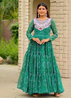 Navratri wear green georgette bandhni printed thread embroidered mirror work gown 4