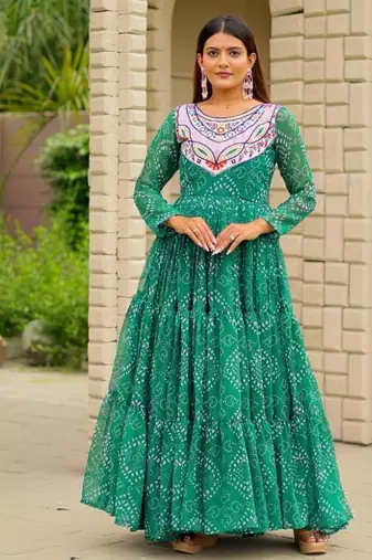 Navratri wear green georgette bandhni printed thread embroidered mirror work gown