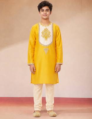 Boys yellow viscose silk zari embroidery bengali style kurta pyjama set 3