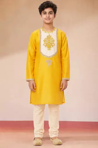 Boys yellow viscose silk zari embroidery bengali style kurta pyjama set