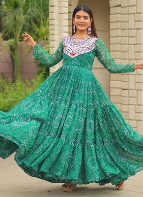 Navratri wear green georgette bandhni printed thread embroidered mirror work gown 5