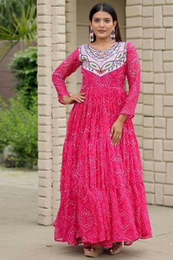 Navratri wear pink georgette bandhni printed thread embroidered mirror work gown