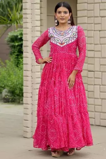 Navratri wear pink georgette bandhni printed thread embroidered mirror work gown