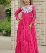Navratri wear pink color georgette bandhni printed thread embroidered mirror work gown full stitched