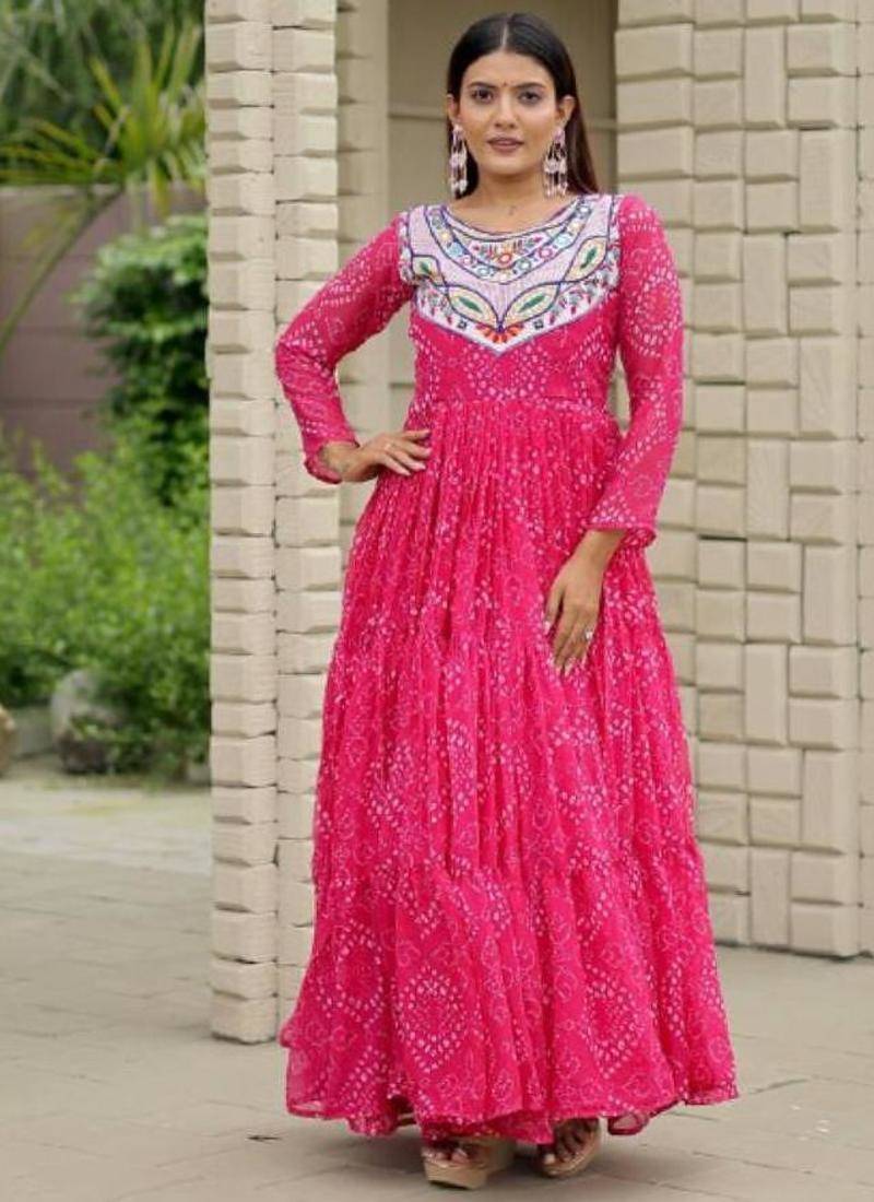Navratri wear pink color georgette bandhni printed thread embroidered mirror work gown full stitched