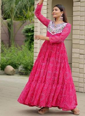 Navratri wear pink georgette bandhni printed thread embroidered mirror work gown 2